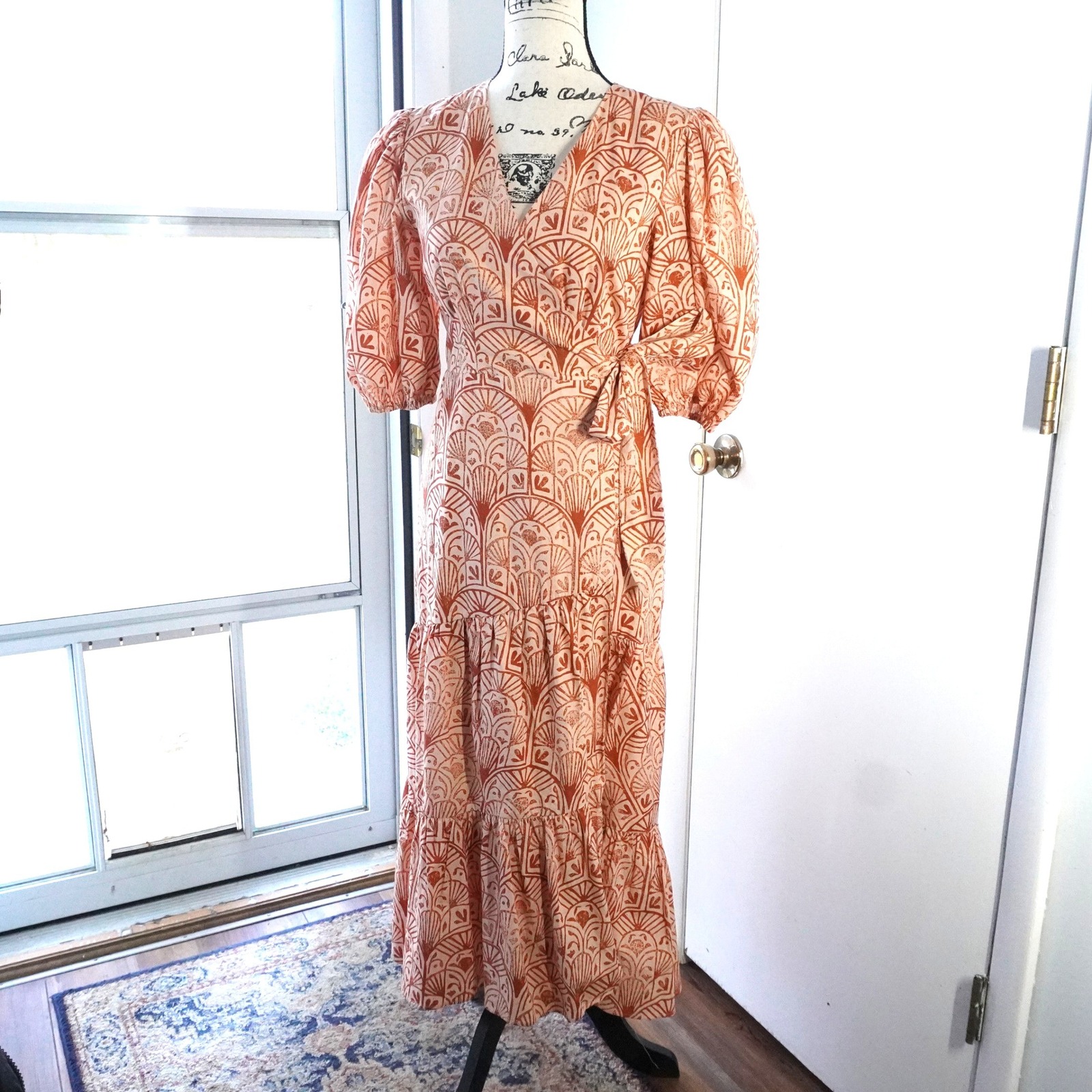 Hutch Orange Geometric Print V Neck Midi Wrap Dress Puff Sleeve Tiered Skirt S